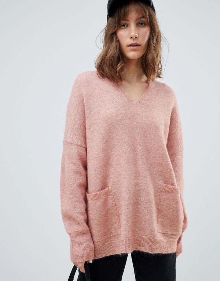 Selected V Neck Pocket Sweater - Pink