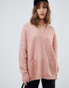 Selected V Neck Pocket Sweater - Pink