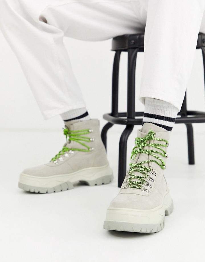 Asos Design Lace Up Boot In Off White Faux Suede With Chunky Sole