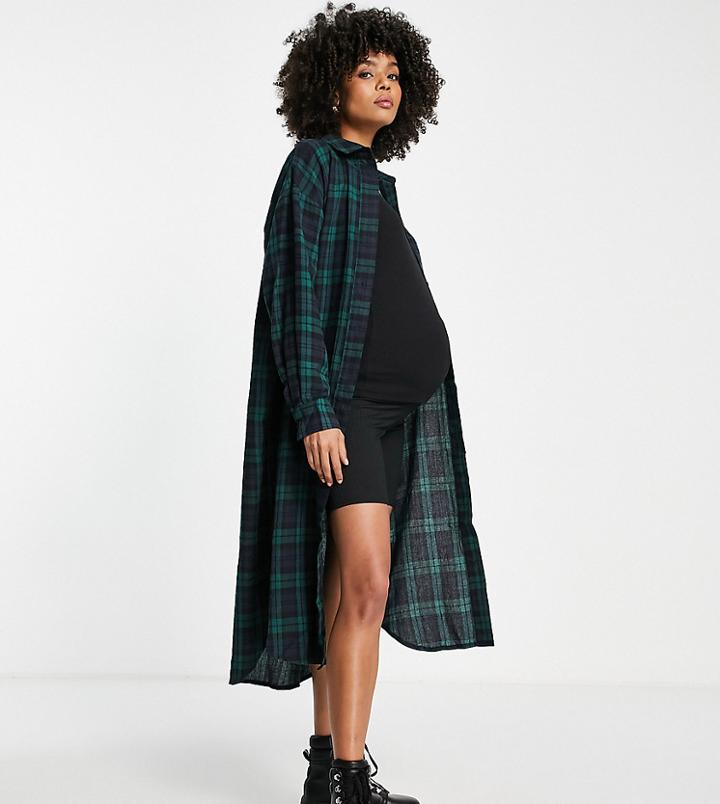 Missguided Maternity Check Maxi Shirt In Blue-multi