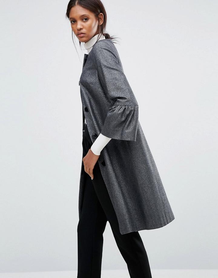 Helene Berman Gigi Coat With Fluted Sleeves In Textured Black And Silv