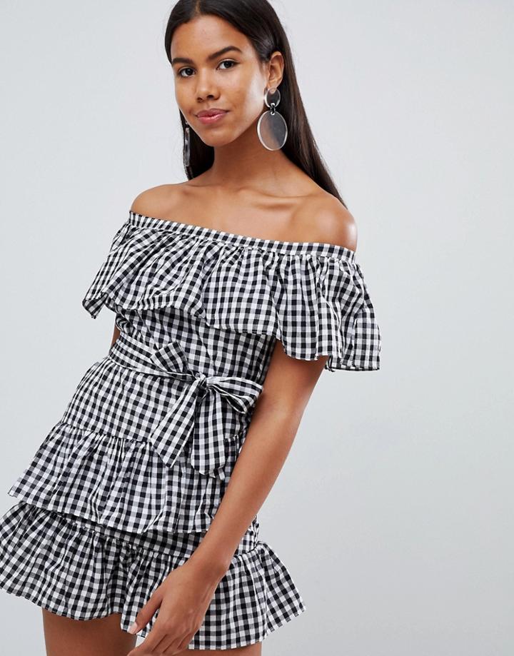 Rare Gingham Ruffle Bardot Mini Dress - Black