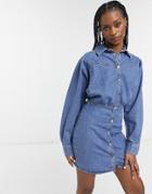 Asos Design Organic Cotton Blend Denim Western Shirt Dress In Mid Wash-blues