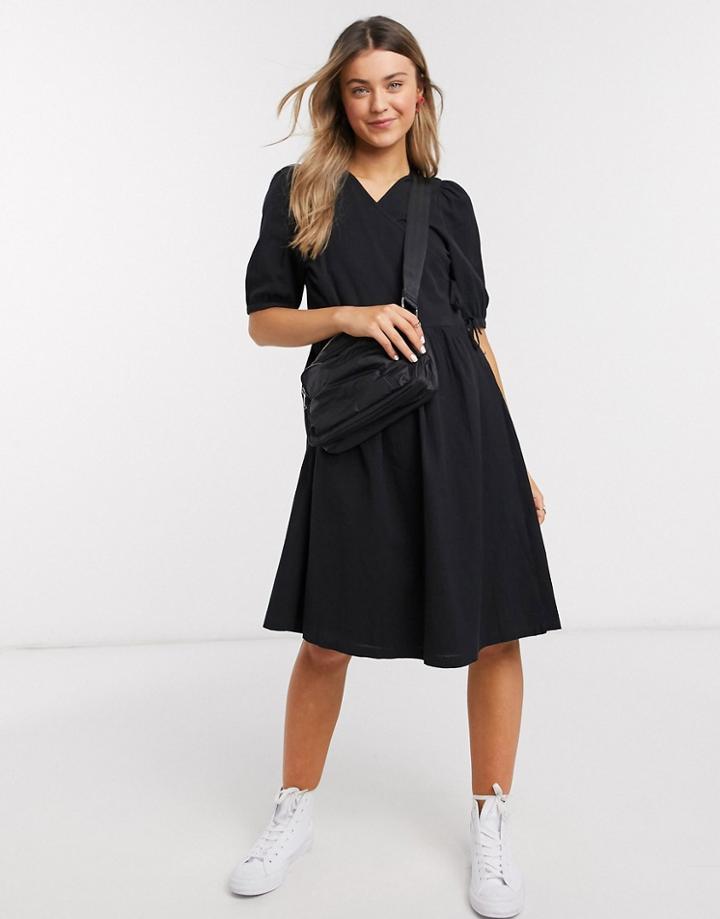 Monki Yoana Puff Short Sleeve Tie Wrap Dress In Black