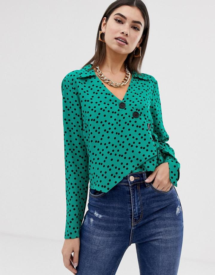 Asos Design Wrap Top With Asymmetric Button Detail In Polka Dot - Multi