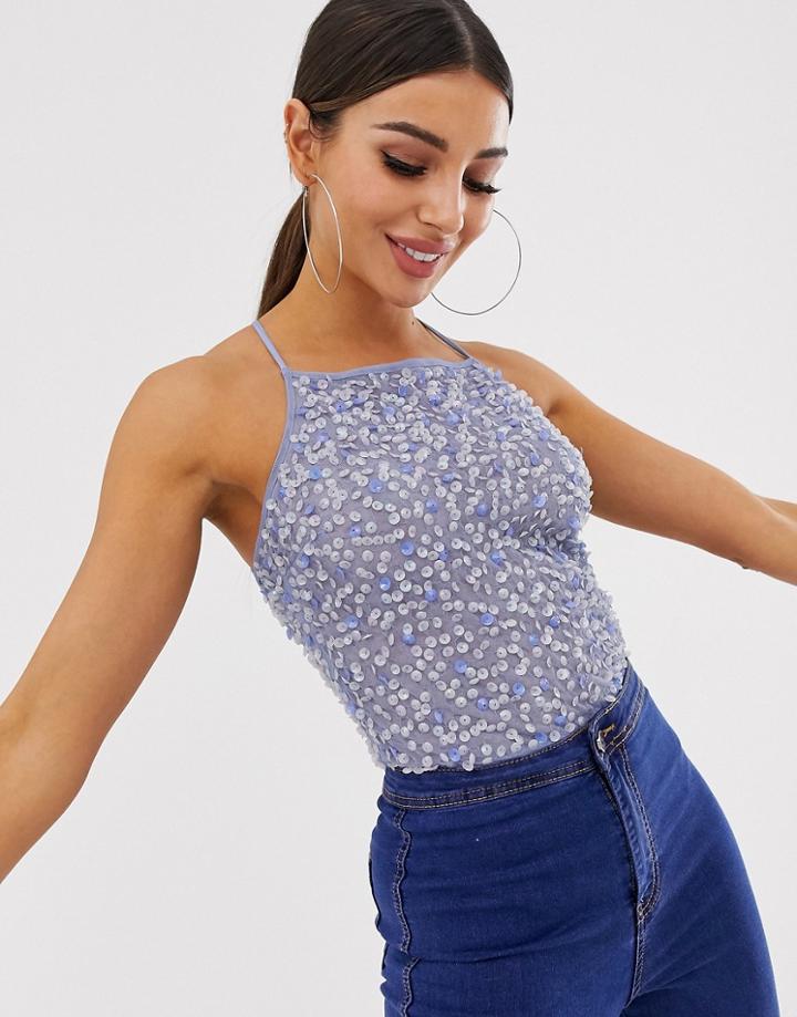 Asos Design Square Neck Scatter Sequin Cami Body-blue