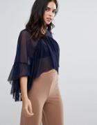 Love Mesh Top With Frill Detail - Navy