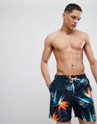 Original Penguin Hawaiian Floral Print Swim Shorts Slim Fit In Navy - Navy