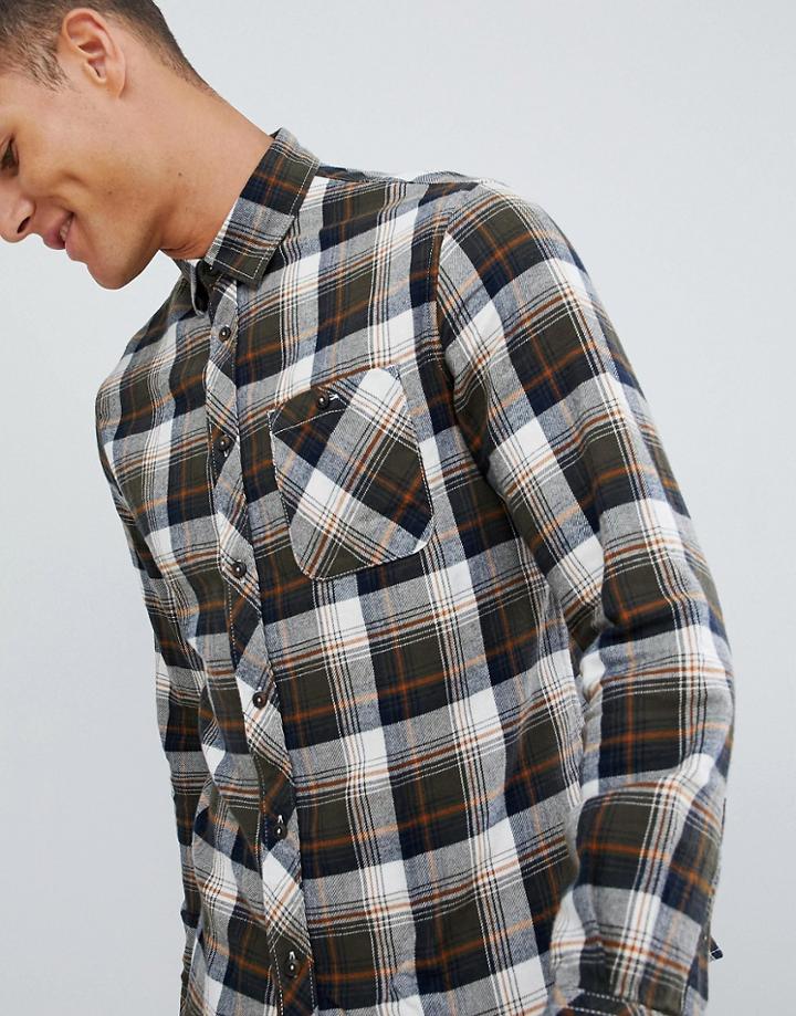 Celio Long Sleeve Check Shirt In Black And Orange - Green