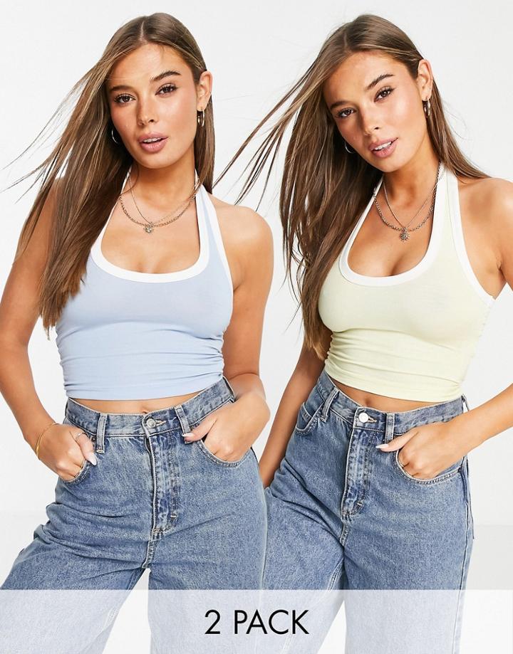 Miss Selfridge 2 Pack Sleeveless Tipped Halter Neck Crop Top In Blue And Lemon-blues