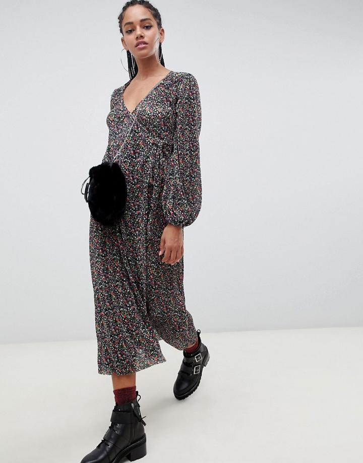 Asos Design Floral Print Plisse Wrap Maxi Dress - Multi