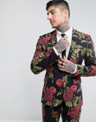 Asos Super Skinny Suit Jacket With Red Rose Print - Black