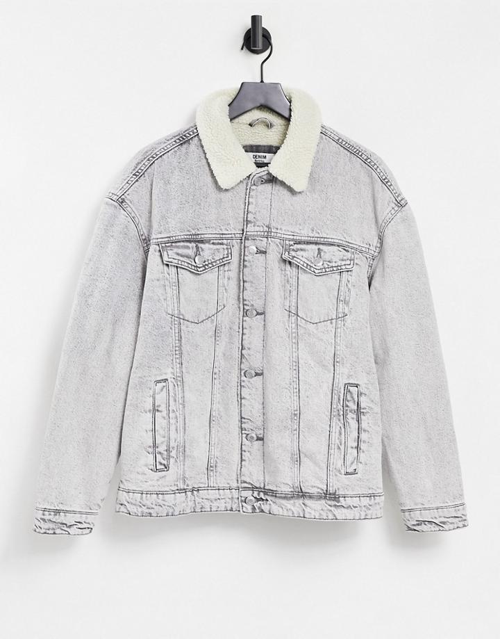 Bershka Denim Trucker Jacket With Sherpa Collar In Gray Acid Wash-grey