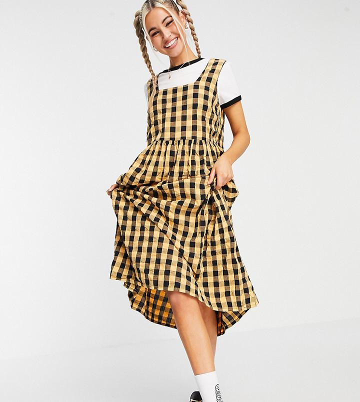 Collusion Seersucker Gingham Midi Length Sundress In Orange And Black-multi
