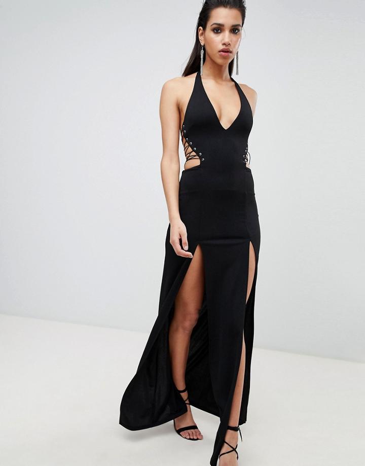 Asos Design Halter Lace Up Maxi Dress - Black
