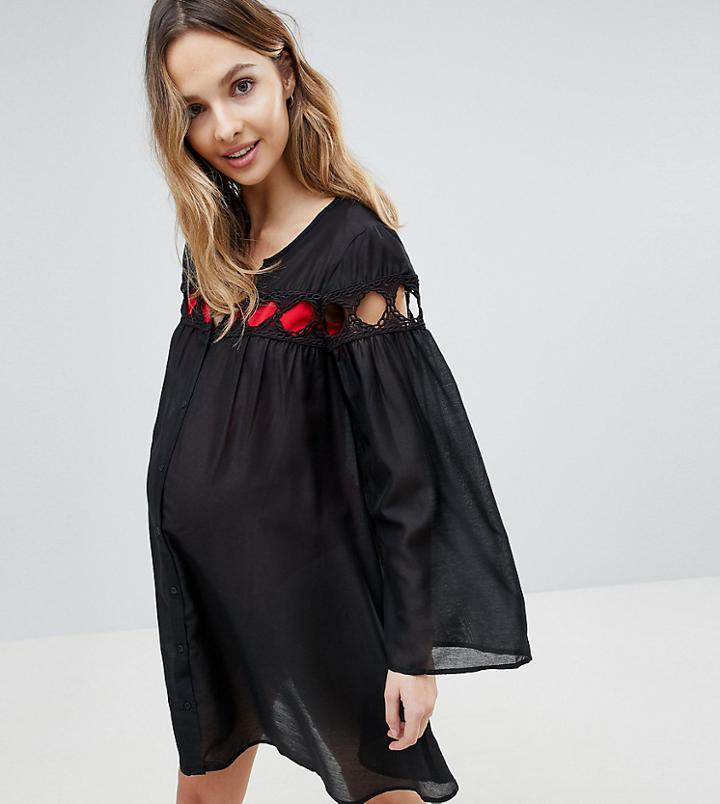 Asos Design Maternity Beach Cover Up Shirt With Lattice Insert Detail - Black