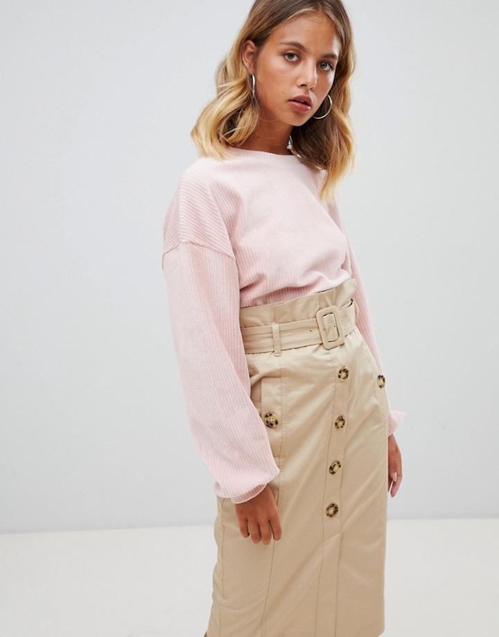 New Look Rib Cord Balloon Sleeve Sweater - Pink
