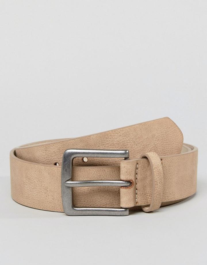 Asos Wide Belt In Stone Faux Leather With Vintage Silver Buckle - Tan