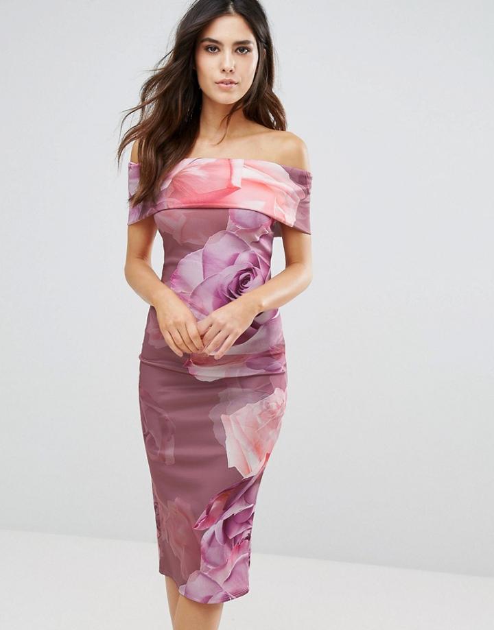 City Goddess Bardot Floral Print Midi Pencil Dress - Multi