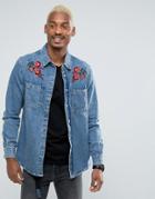 Bershka Denim Shirt With Floral Embroidery In Blue - Blue