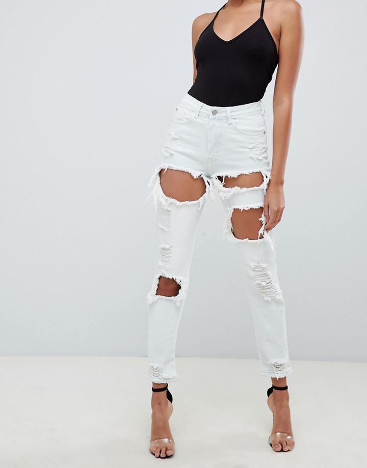 Missguided Bleached Washed Mom Jeans - Blue