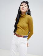 Monki Ribbed High Neck Sweater In Yellow - Yellow