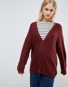 Asos Design Oversize Cardigan In Chunky Rib With Buttons - Red