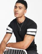 Asos Design Skinny T-shirt In Black With Contrast Sleeve Stripes