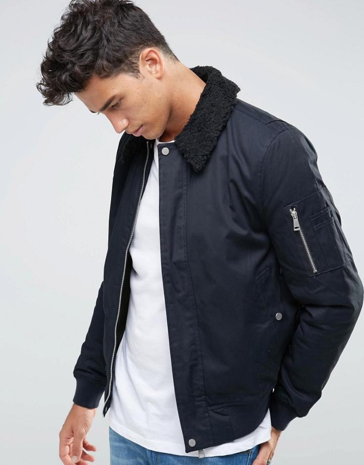 New Look Harrington Jacket In Navy With Fleece Collar - Navy