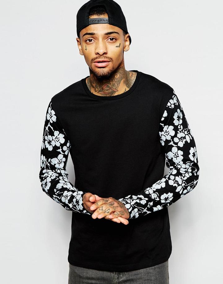 Asos Long Sleeve T-shirt With Floral Print Sleeves - Black