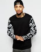 Asos Long Sleeve T-shirt With Floral Print Sleeves - Black