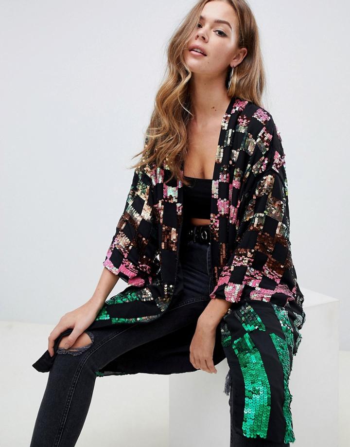 Asos Design Checkerboard Sequin Kimono - Multi