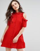 Qed London Cold Sholder Frill Shirt Dress - Red