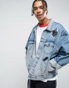 Asos X Lot Stock Oversized Denim Jacket With Embroidery In Blue Wash - Blue