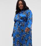 Liquorish Curve Midi Shirt Dress In Leaf Print - Blue