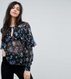 Influence Tall Ruffle Front Floral Blouson Sleeve Top - Black