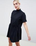 Asos Design Oversized Mini Cotton Smock Dress With High Neck - Black