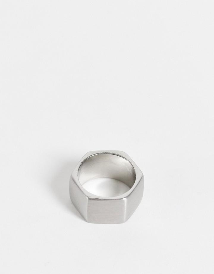 Asos Design Band Ring With Hexagon Shape In Silver Tone