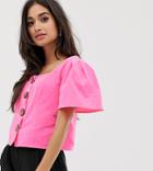Asos Design Petite Neon Crop Top With Button Through In Linen-white