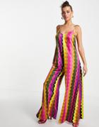 Never Fully Dressed Wide Leg Jumpsuit In 70s Wave Print-multi