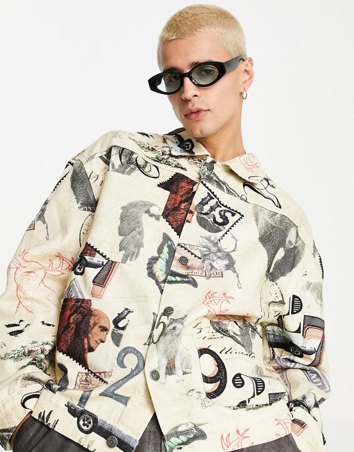 Jaded London Coordinating Workwear Jacket In Beige With All-over Print-multi