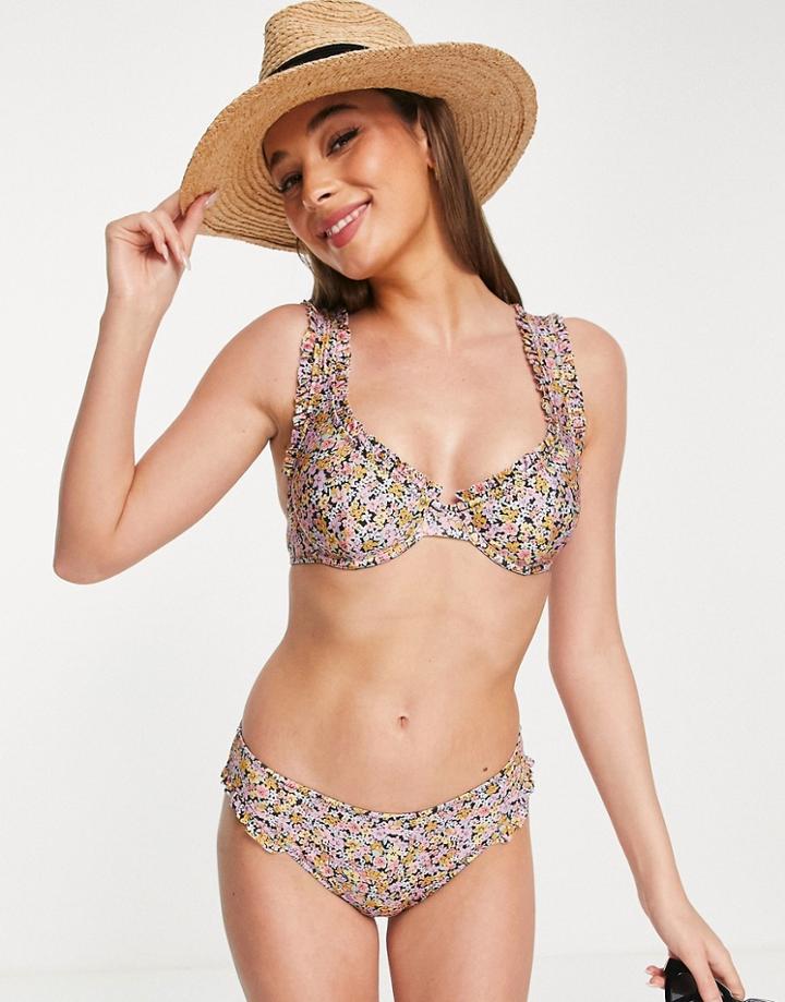 Nobody's Child Recycled Polyester Jemima Frill Ditsy Print Bikini Top In Multicolor