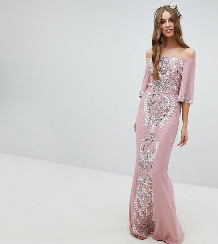 Maya Tall All Over Embellished Bardot Maxi Bridesmaid Dress With Fluted Sleeves - Pink
