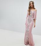 Maya Tall All Over Embellished Bardot Maxi Bridesmaid Dress With Fluted Sleeves - Pink