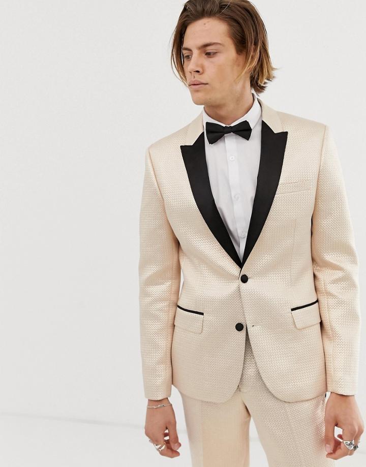 Asos Design Skinny Tuxedo Prom Suit Jacket In Champagne Jacquard - Cream