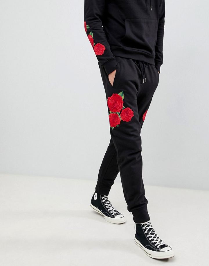 Brave Soul Skinny Fit Drop Crotch Rose Emroidered Joggers - Black