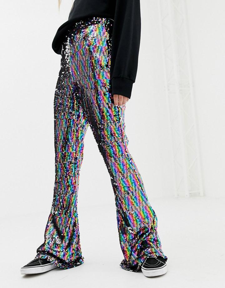 Daisy Street Flared Pants In Rainbow Sequin - Multi