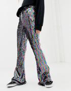 Daisy Street Flared Pants In Rainbow Sequin - Multi