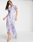 Lipsy Printed Plunge Cut Out Maxi Dress In Purple Floral-multi