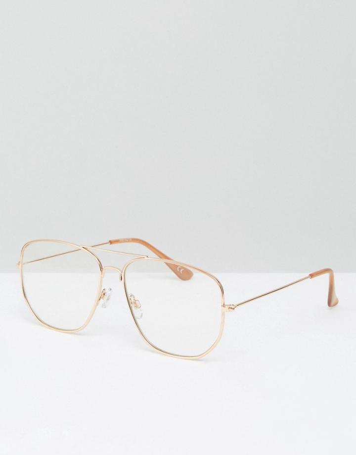 Asos Geeky Clear Lens Square Aviator Glasses - Gold